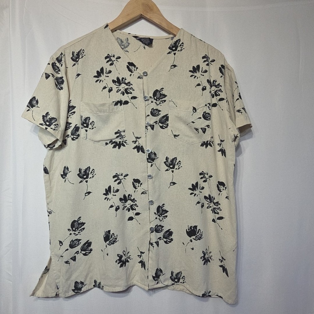 Honors Women's Medium Beige Black Floral Button Front Blouse Short Sleeve Linen